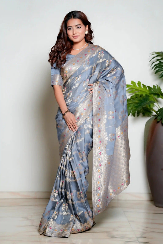 Metallic Grey Woven Banarasi Organza Satin Silk Saree with Tissue Zari