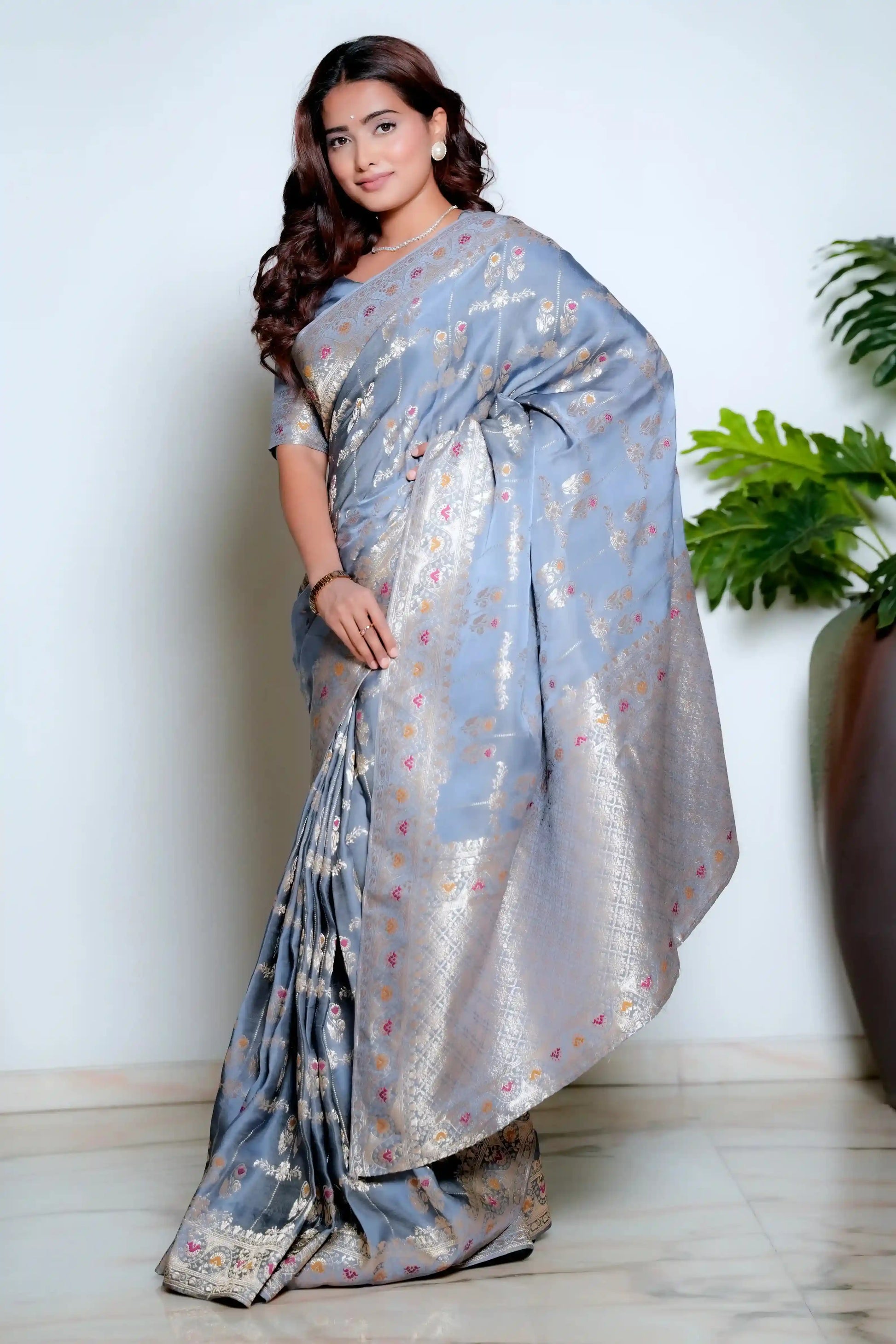 Metallic Grey Woven Banarasi Organza Satin Silk Saree with Tissue Zari