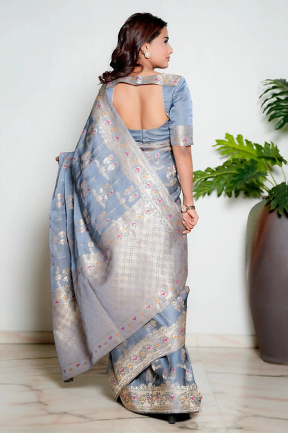 Metallic Grey Woven Banarasi Organza Satin Silk Saree with Tissue Zari