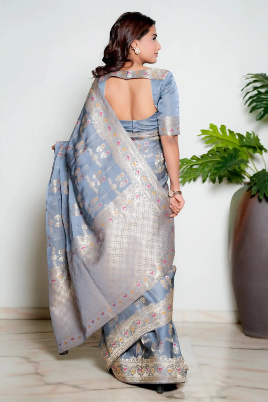 Metallic Grey Woven Banarasi Organza Satin Silk Saree with Tissue Zari