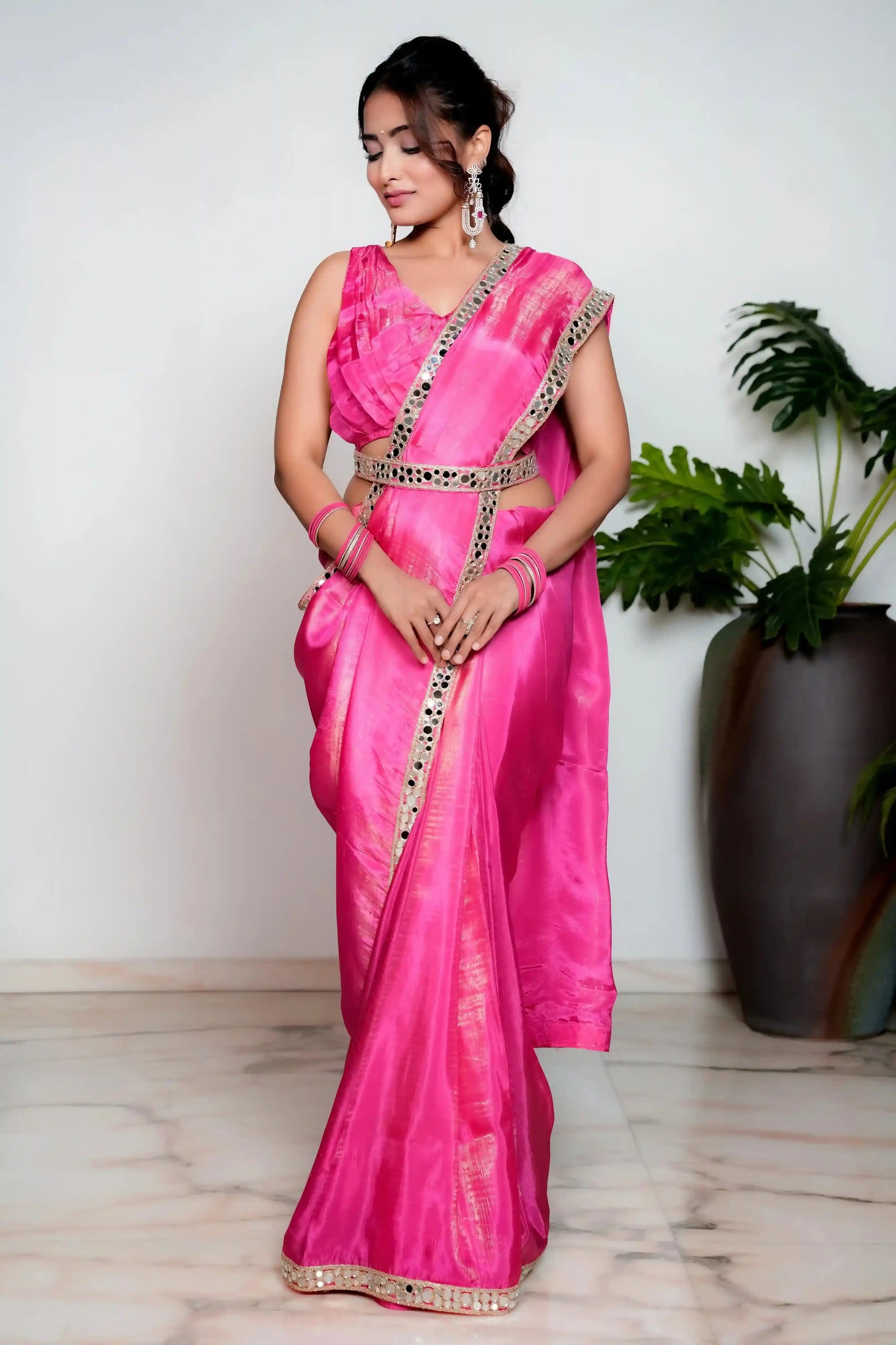 Royal Princess Golden Pink Woven Pure Tissue Silk Saree with Heavy Golden Mirror Work Border