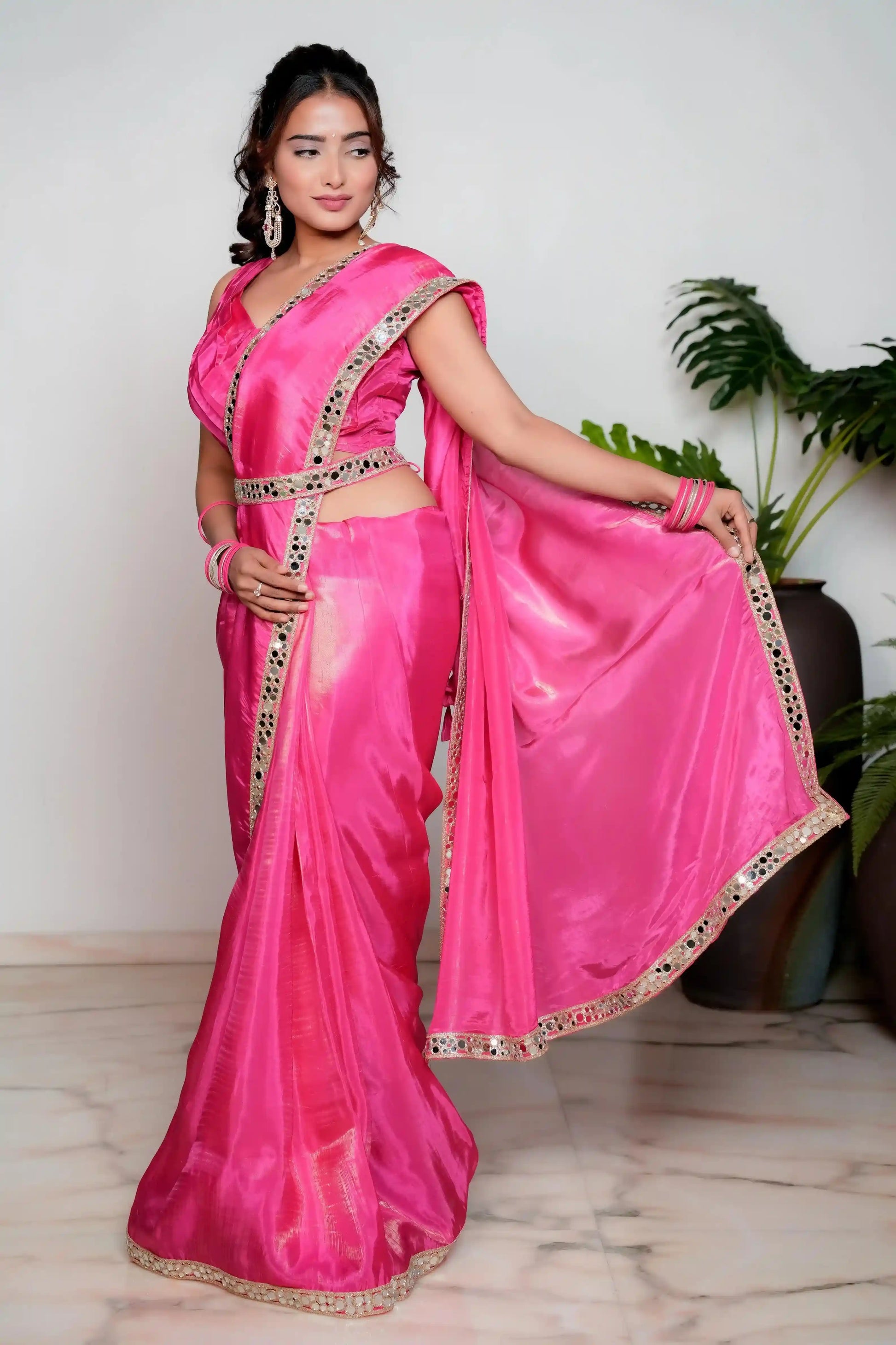Royal Princess Golden Pink Woven Pure Tissue Silk Saree with Heavy Golden Mirror Work Border