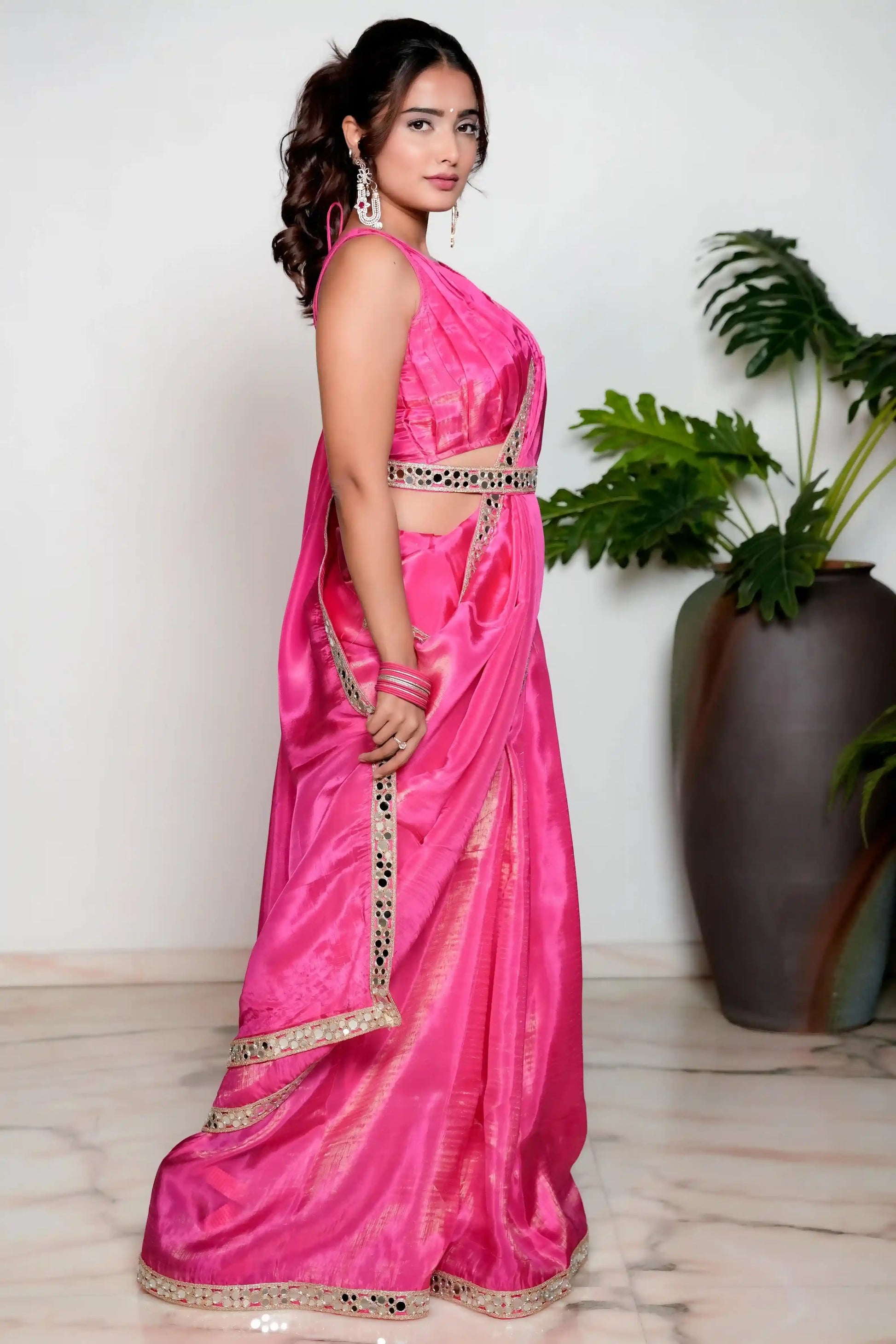 Royal Princess Golden Pink Woven Pure Tissue Silk Saree with Heavy Golden Mirror Work Border