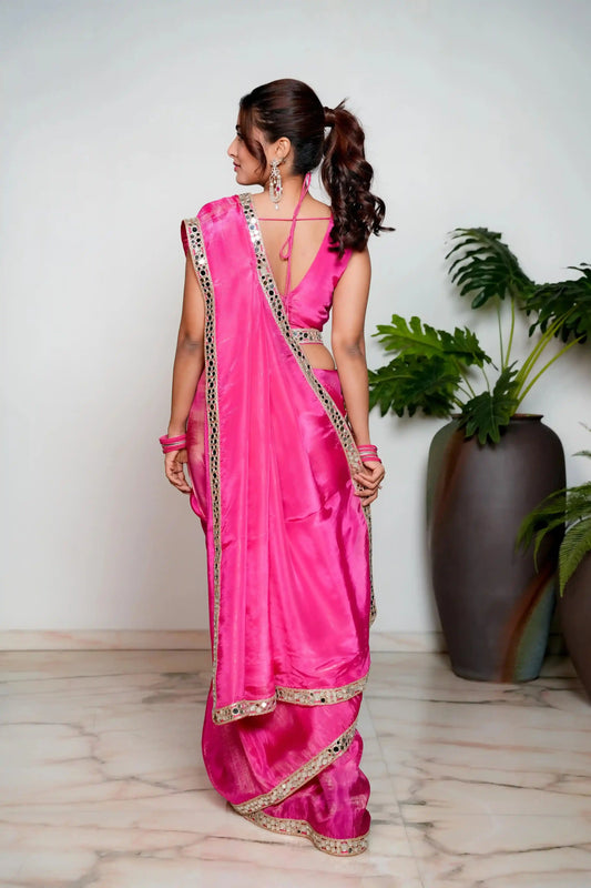 Royal Princess Golden Pink Woven Pure Tissue Silk Saree with Heavy Golden Mirror Work Border