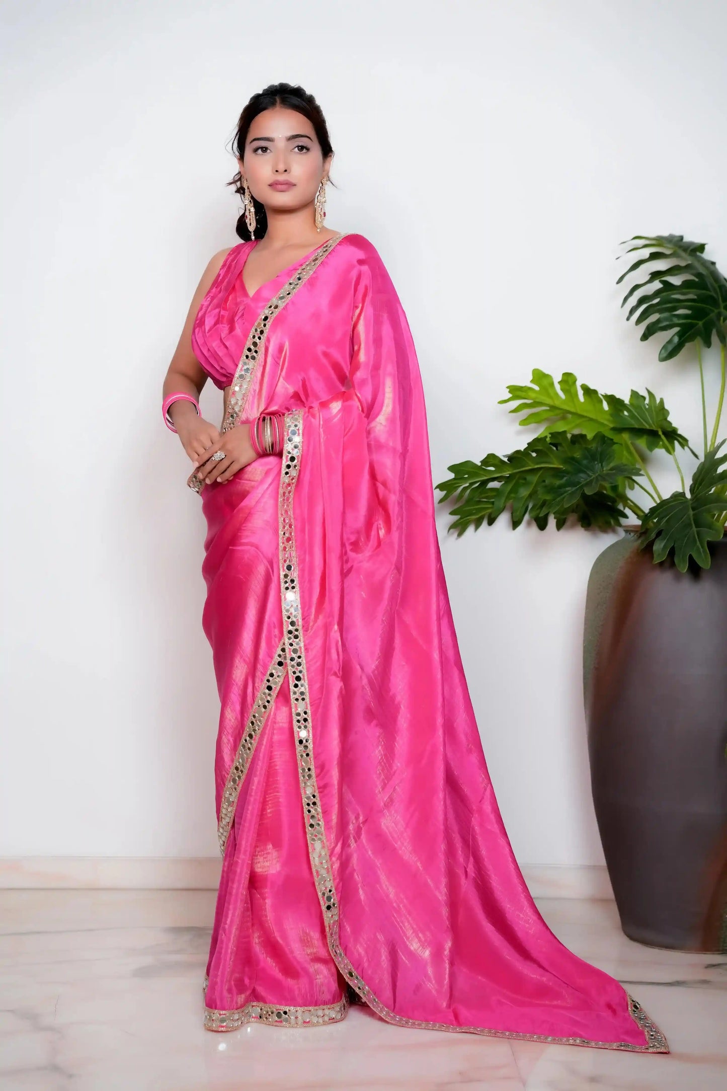Royal Princess Golden Pink Woven Pure Tissue Silk Saree with Heavy Golden Mirror Work Border