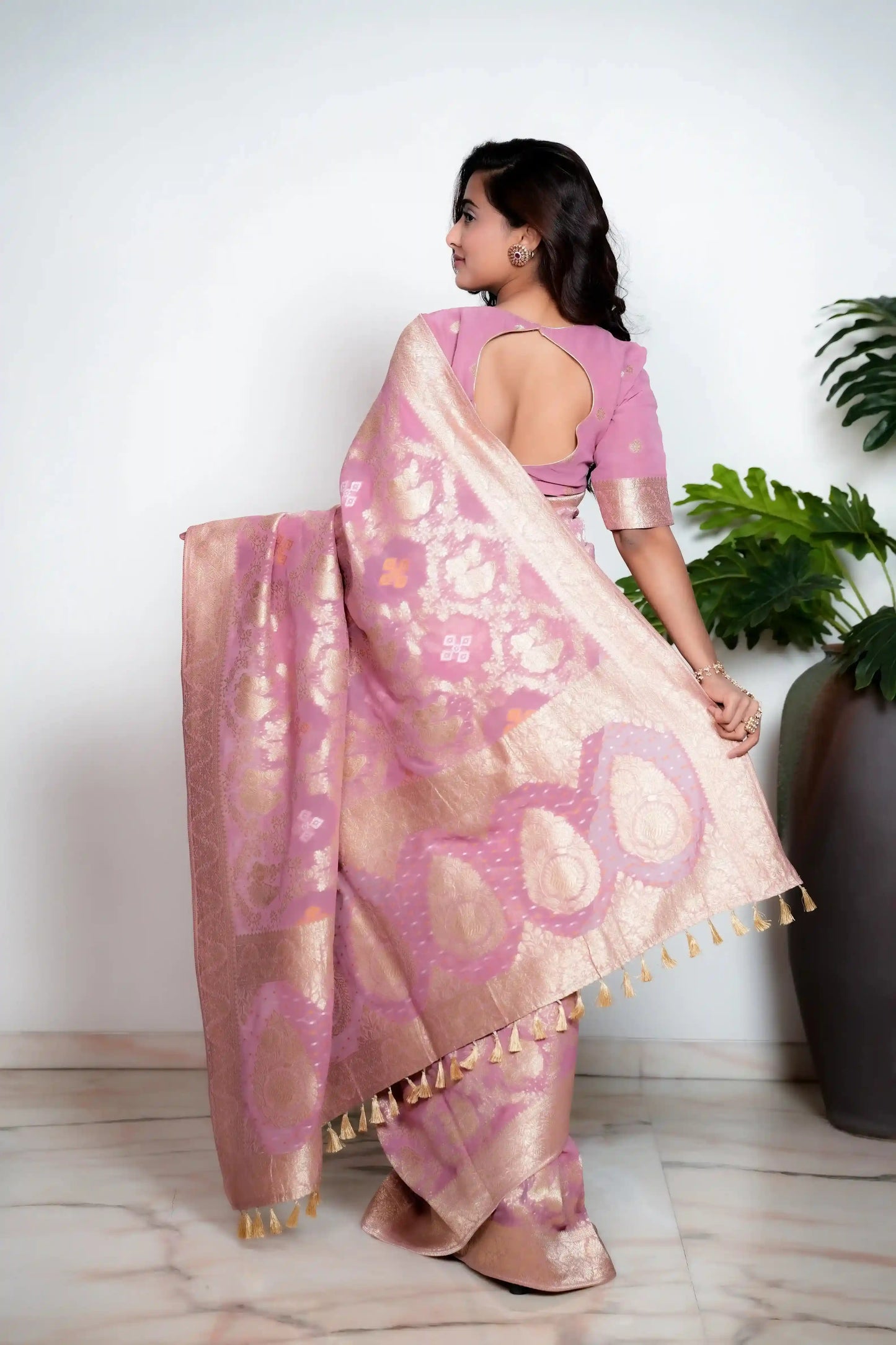Soft Pink Banarasi Bandhani Pure Georgette Saree with Royal Touch