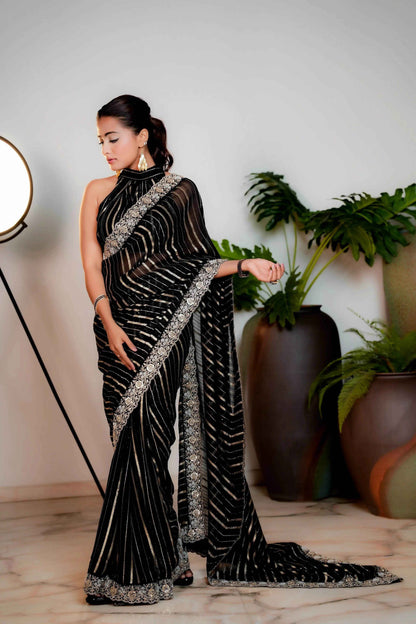 Coal Black Woven Georgette Silk Saree with Heavy Golden Embroidered Border