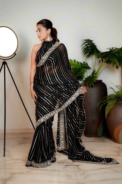 Coal Black Woven Georgette Silk Saree with Heavy Golden Embroidered Border