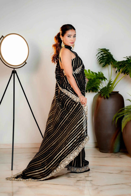 Coal Black Woven Georgette Silk Saree with Heavy Golden Embroidered Border
