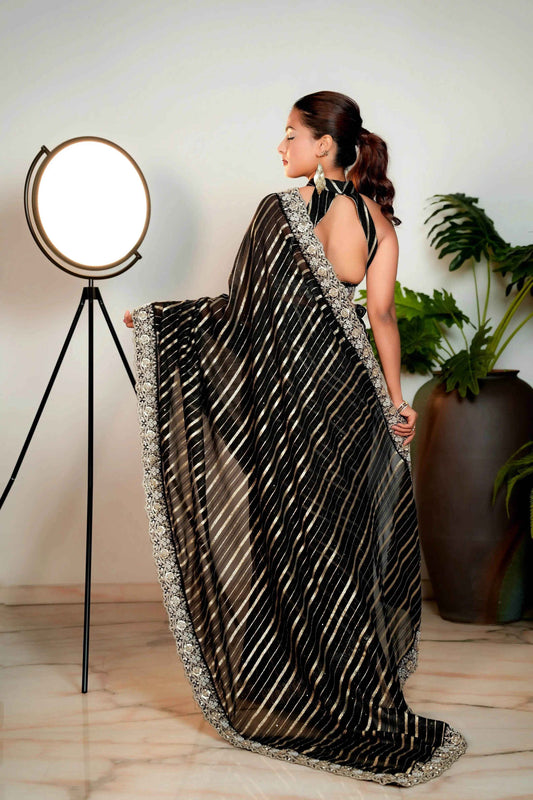 Coal Black Woven Georgette Silk Saree with Heavy Golden Embroidered Border