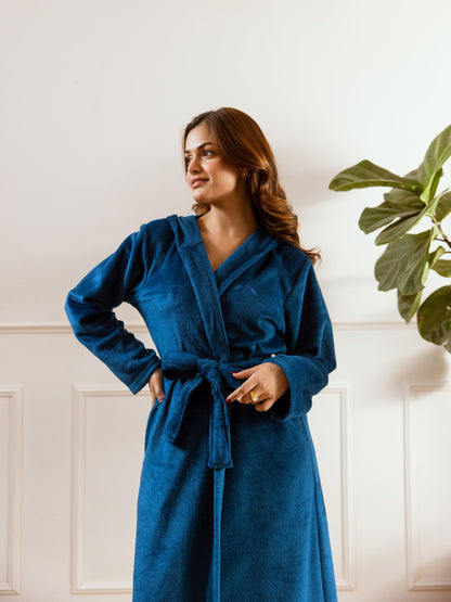 Teal Blue Super Soft Woollen Hoodie Robe