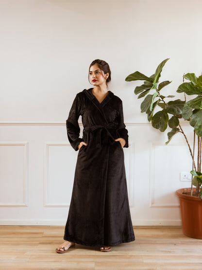 Black Super Soft Woollen Hoodie Robe
