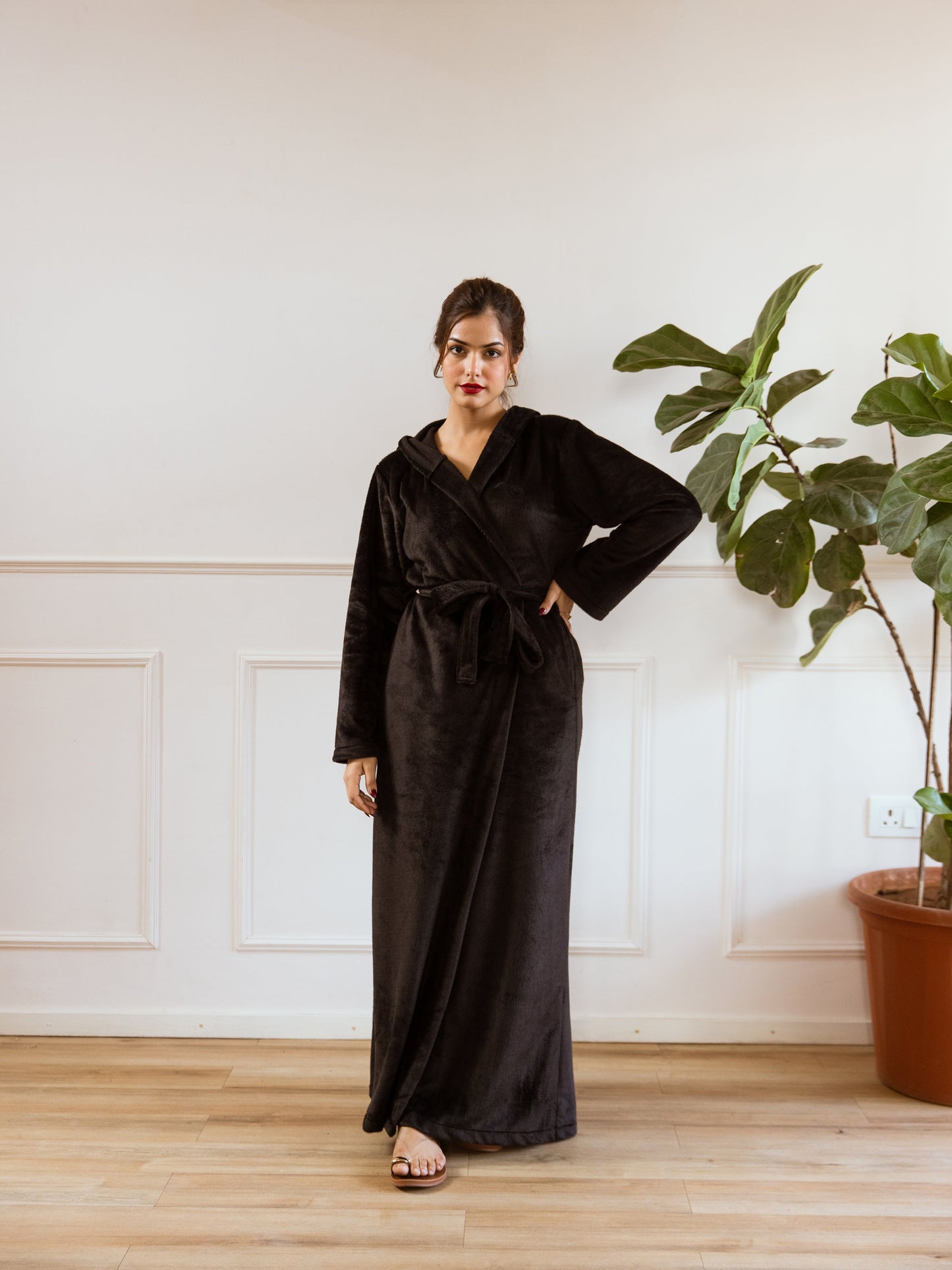 Black Super Soft Woollen Hoodie Robe