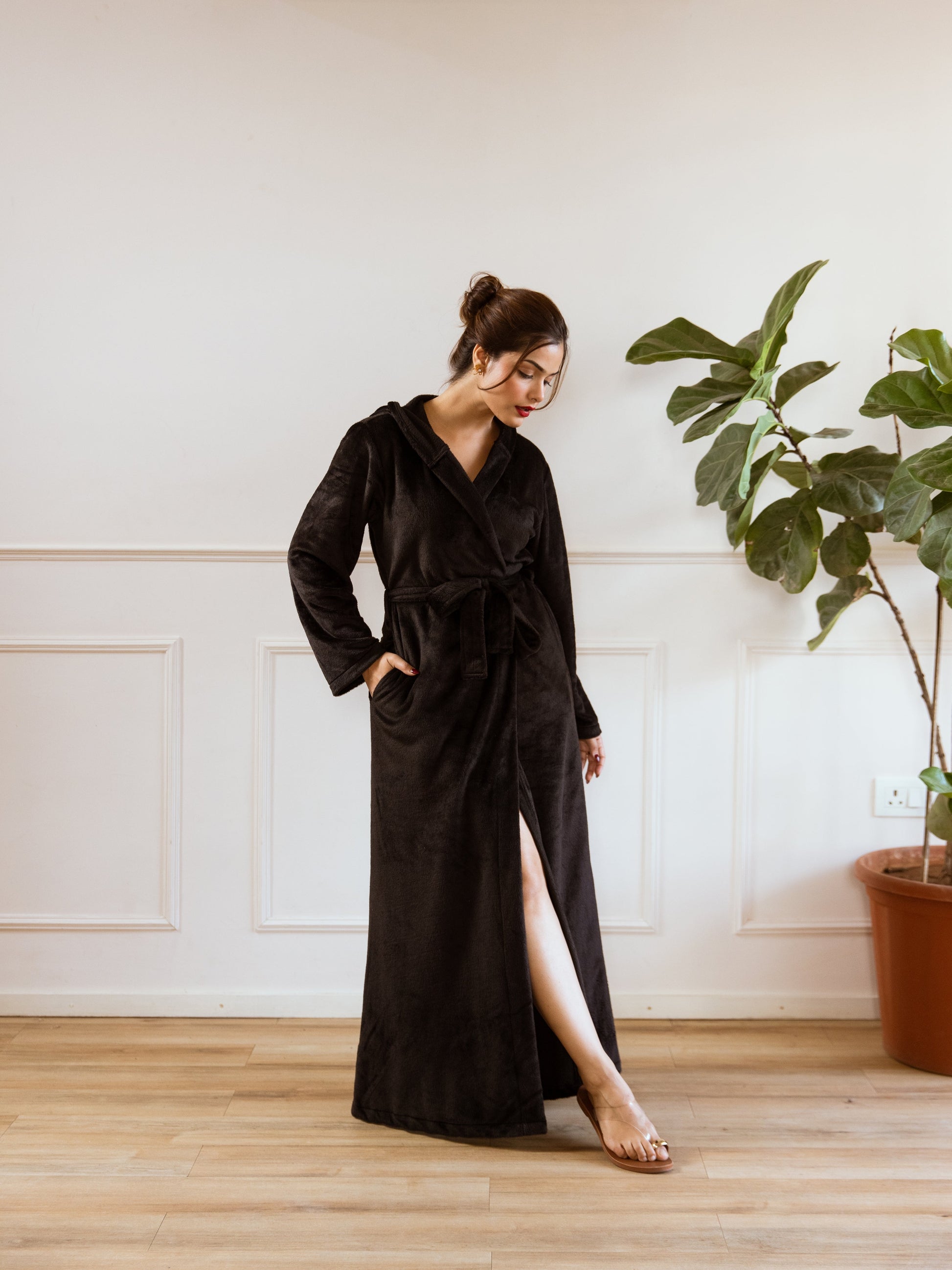 Black Super Soft Woollen Hoodie Robe