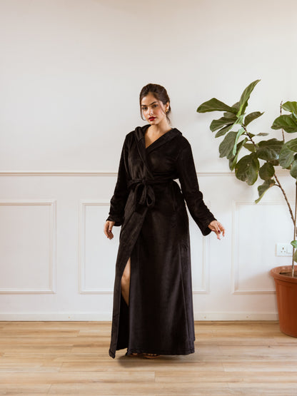 Black Super Soft Woollen Hoodie Robe