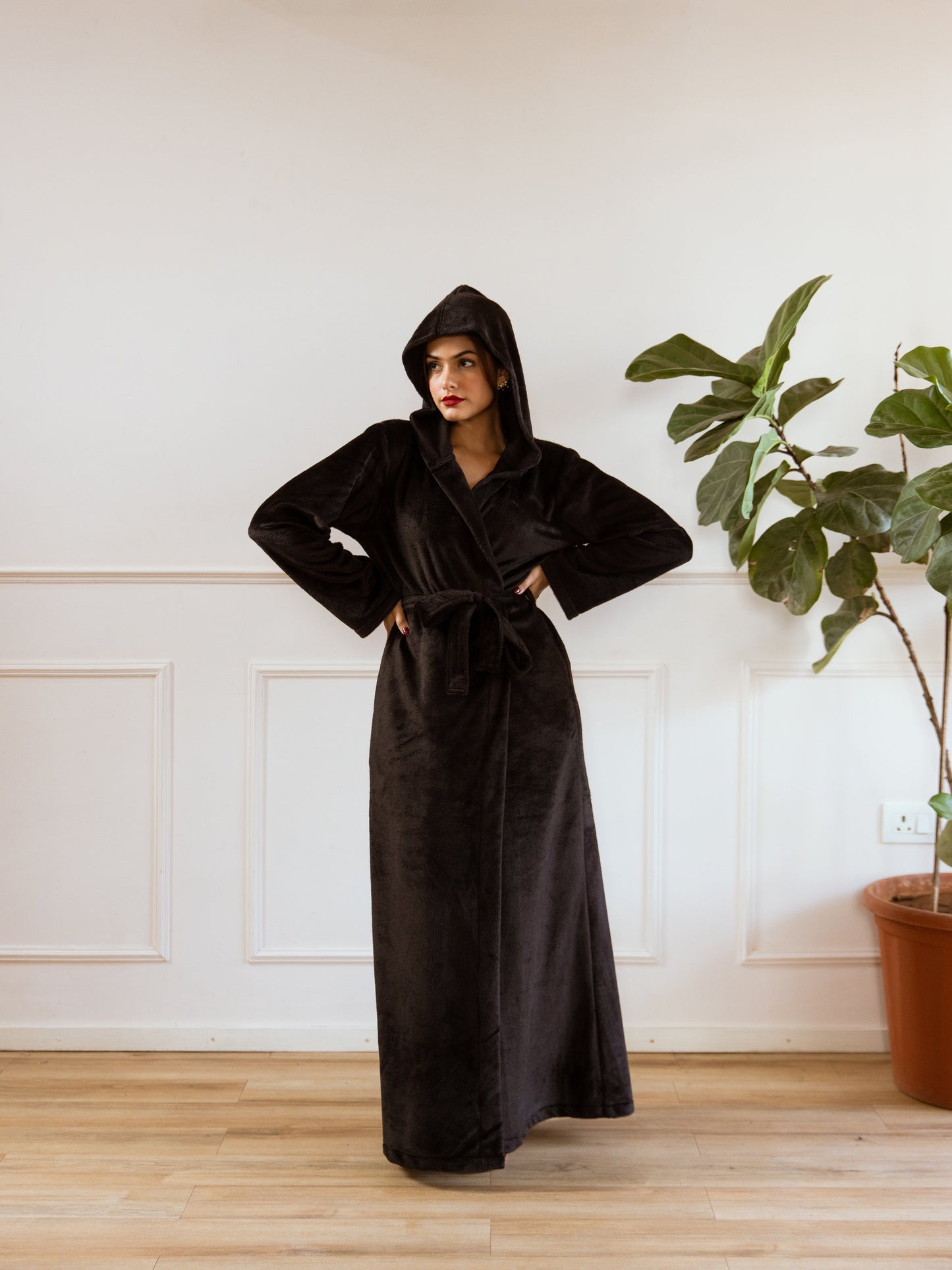 Black Super Soft Woollen Hoodie Robe