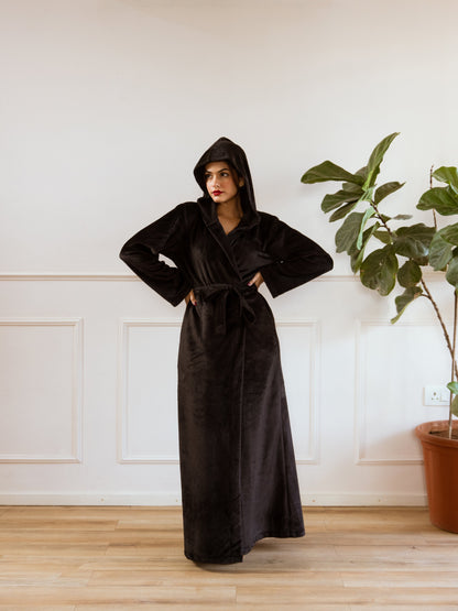 Black Super Soft Woollen Hoodie Robe