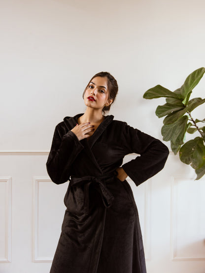 Black Super Soft Woollen Hoodie Robe