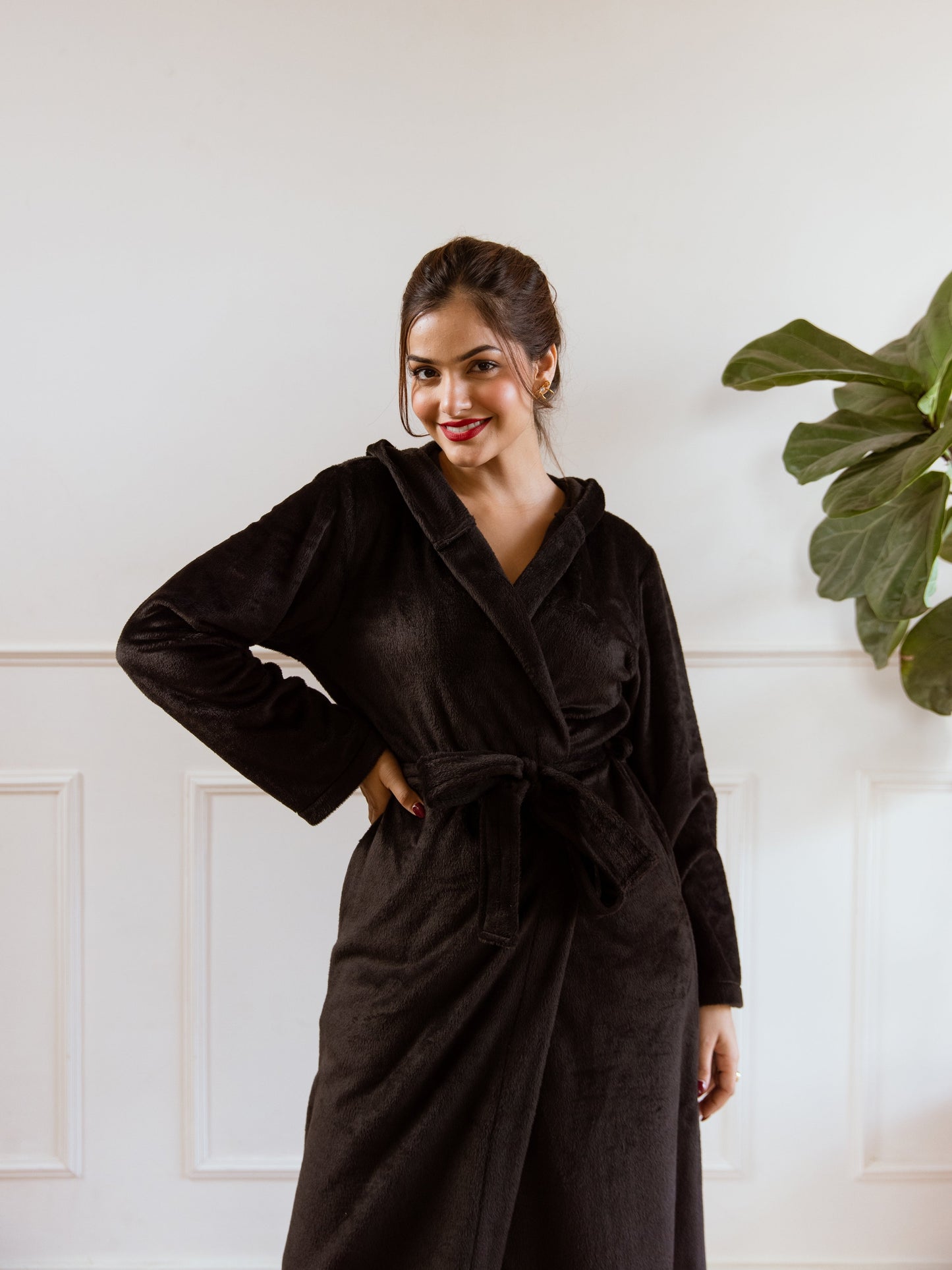 Black Super Soft Woollen Hoodie Robe