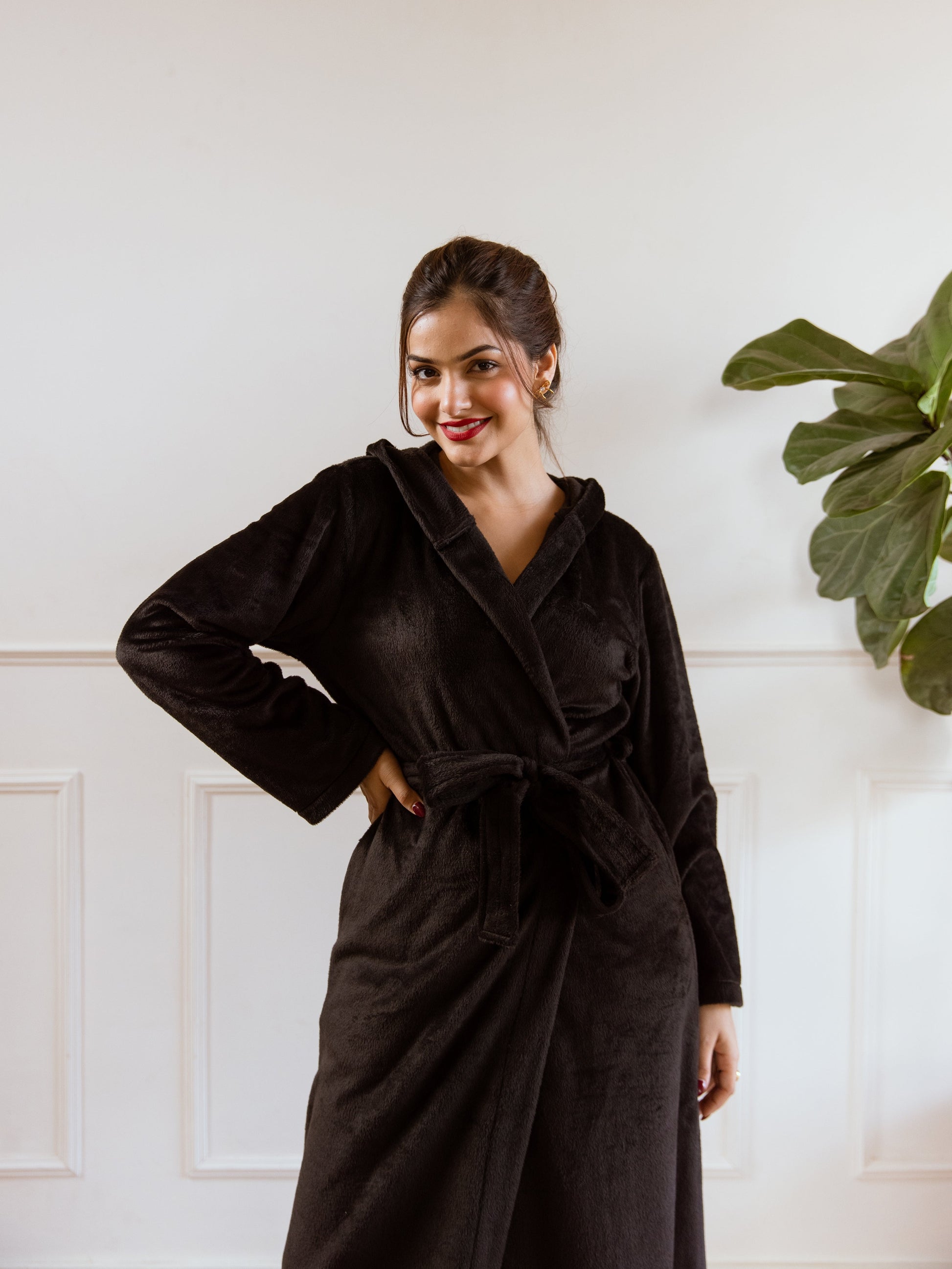 Black Super Soft Woollen Hoodie Robe