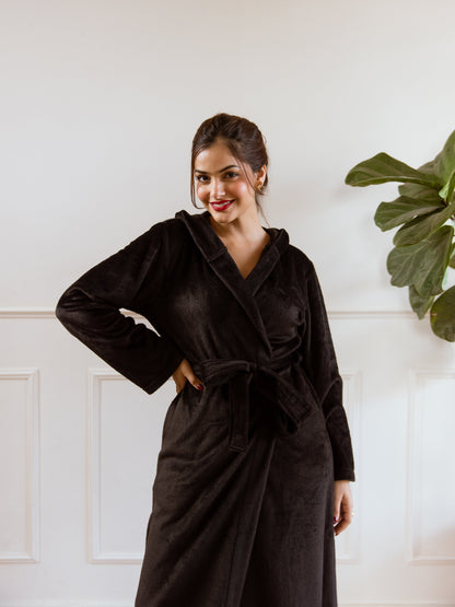 Black Super Soft Woollen Hoodie Robe