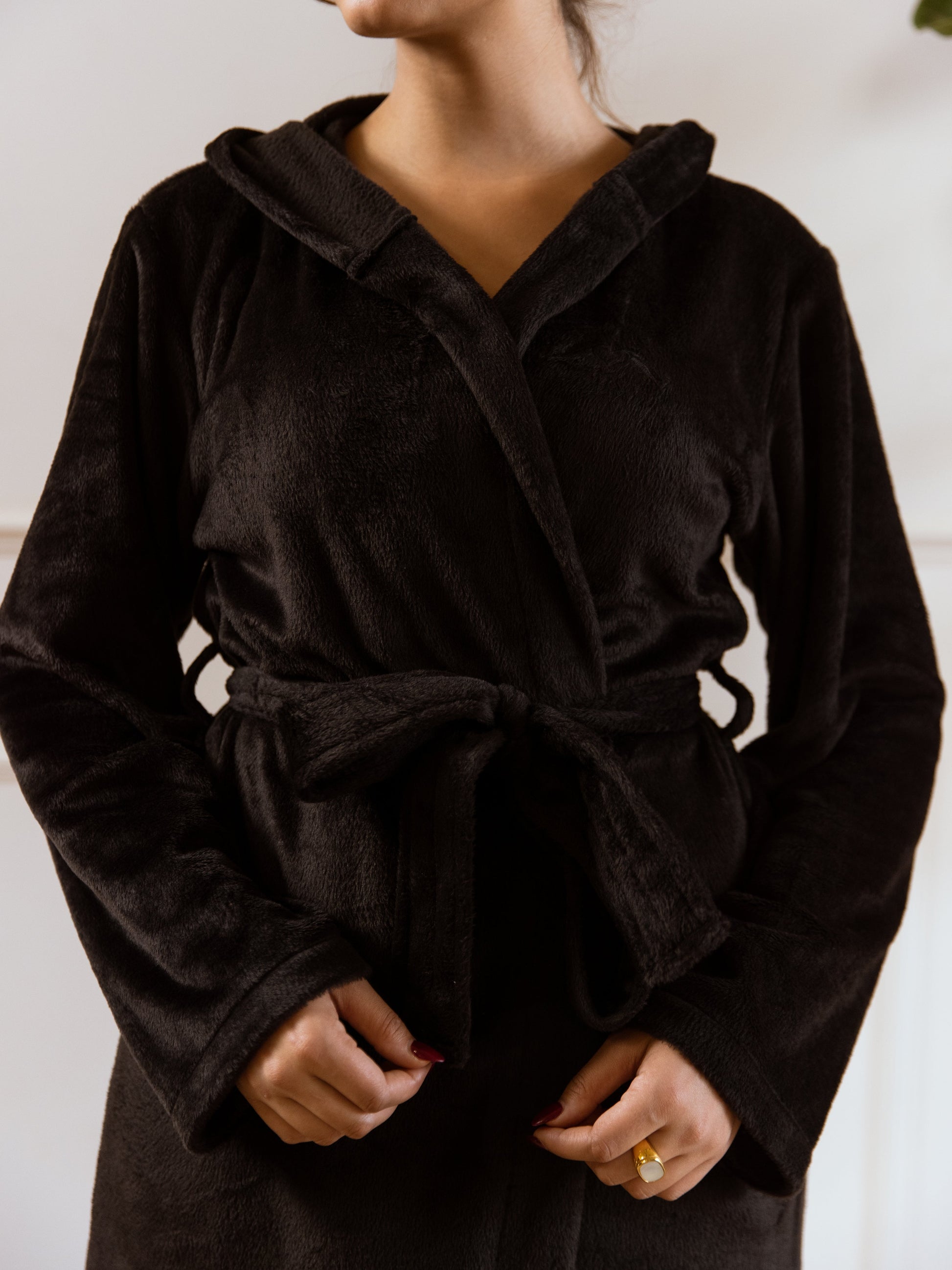 Black Super Soft Woollen Hoodie Robe