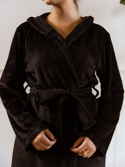 Black Super Soft Woollen Hoodie Robe