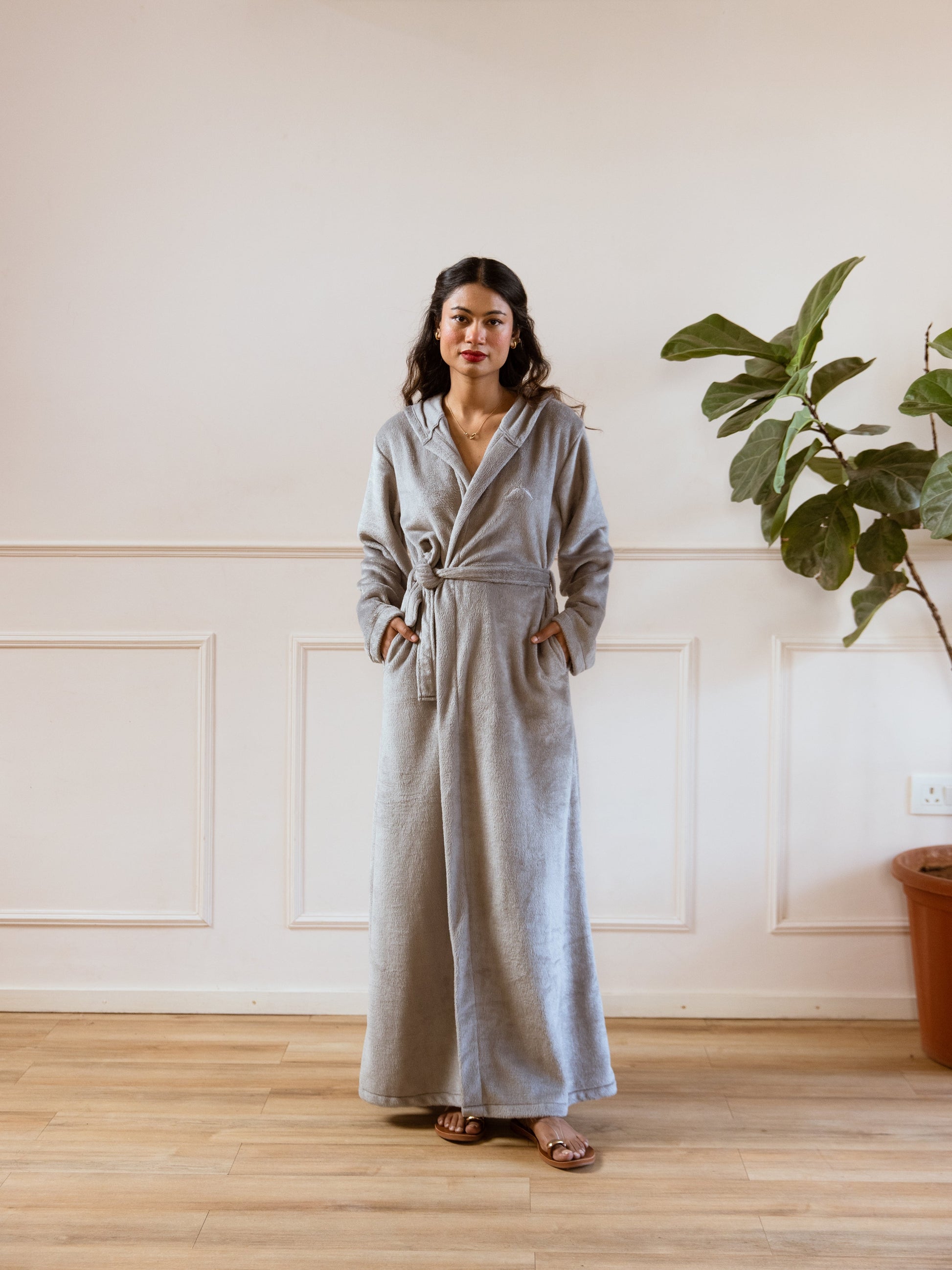 Grey Super Soft Woollen Hoodie Robe