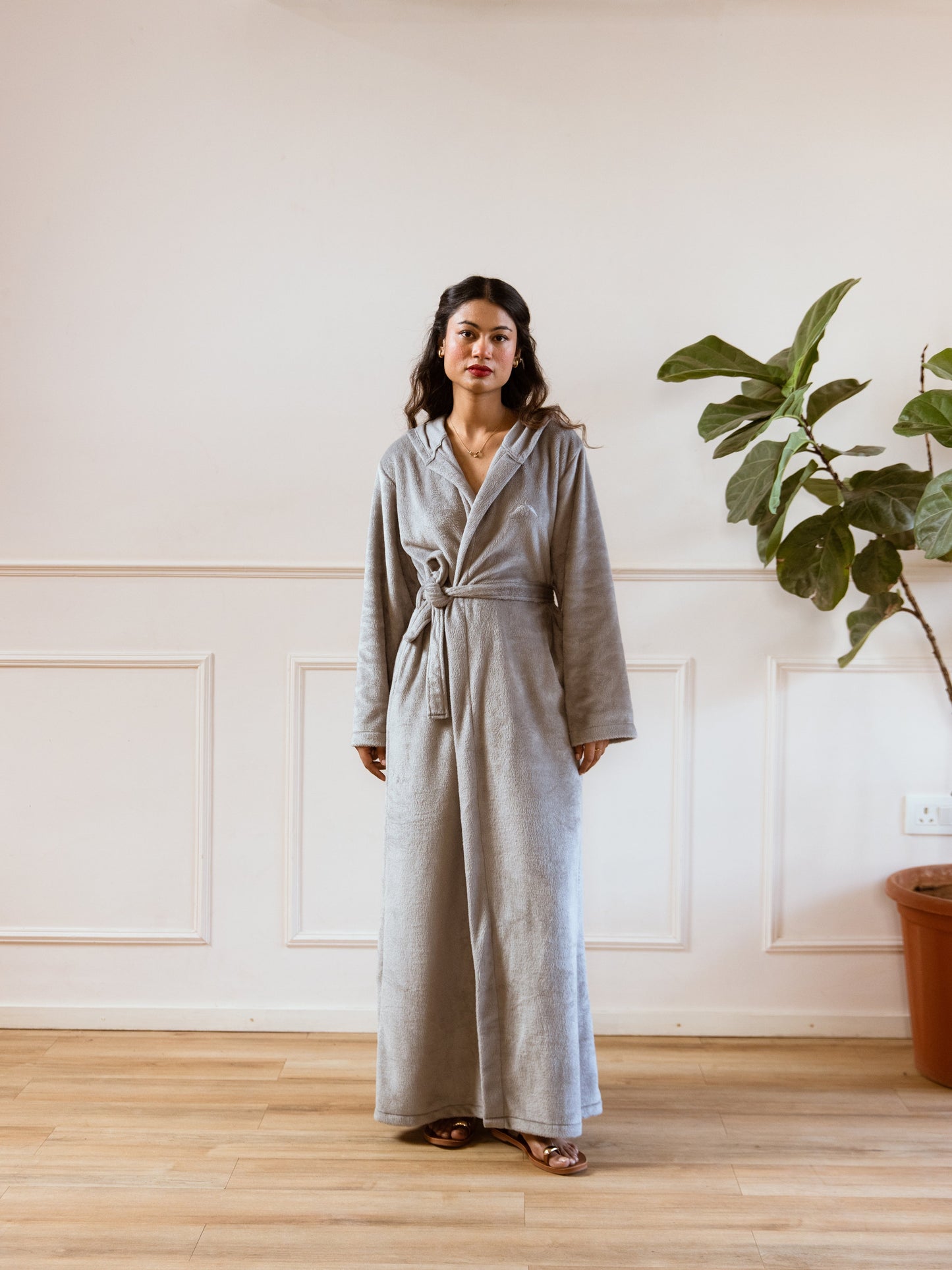 Grey Super Soft Woollen Hoodie Robe