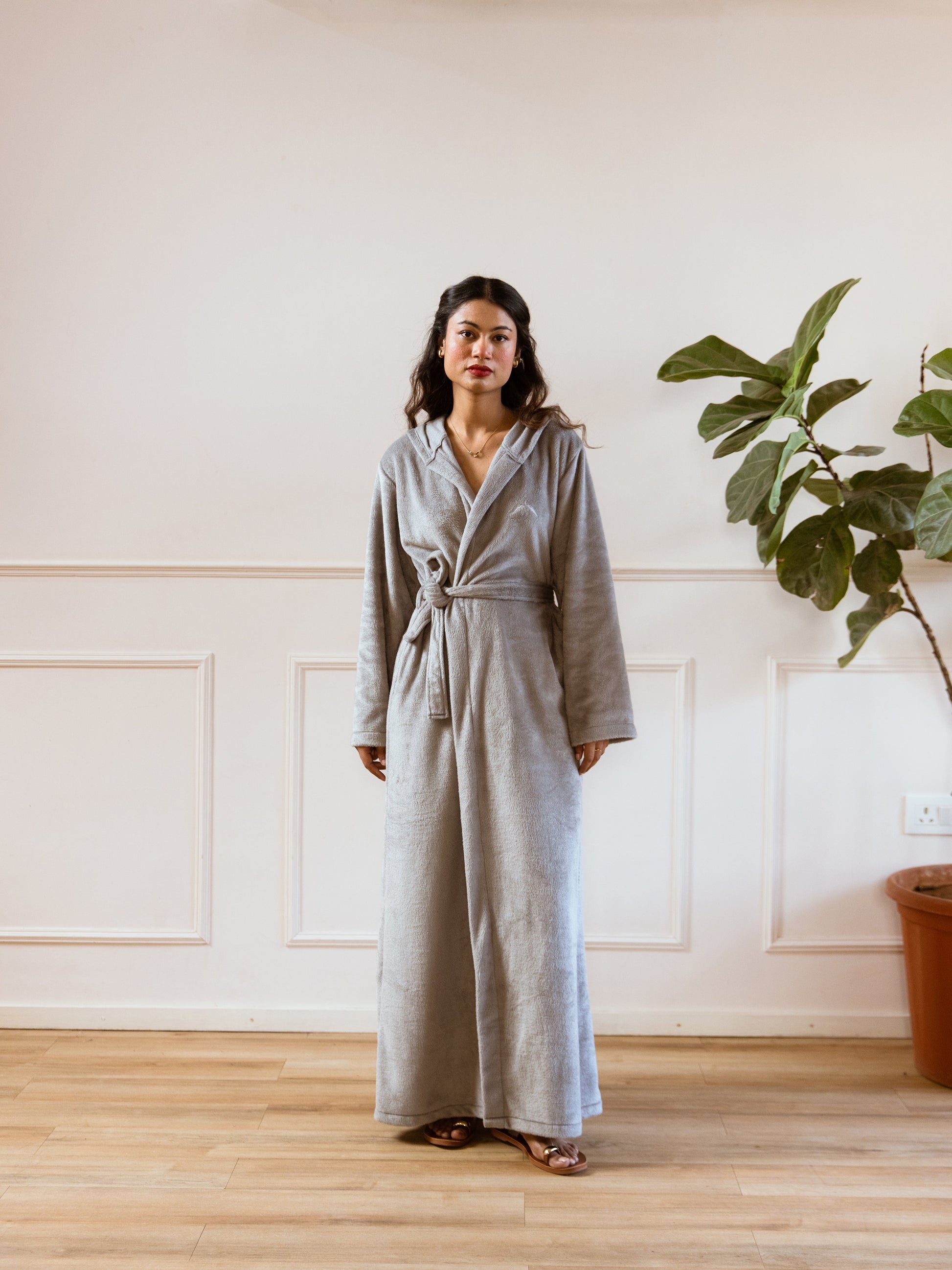 Grey Super Soft Woollen Hoodie Robe