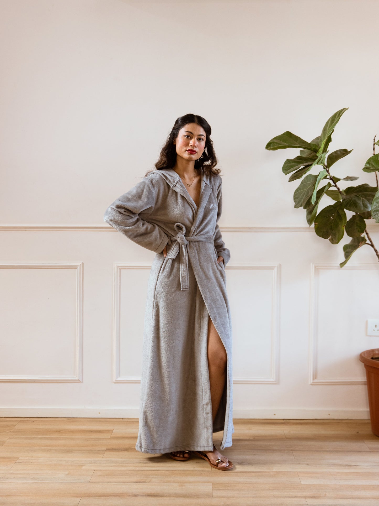 Grey Super Soft Woollen Hoodie Robe