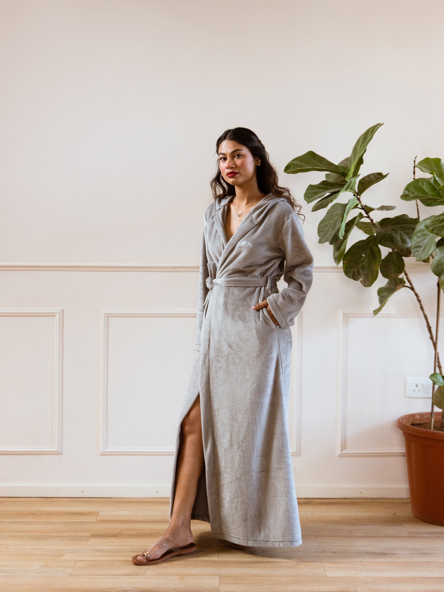 Grey Super Soft Woollen Hoodie Robe