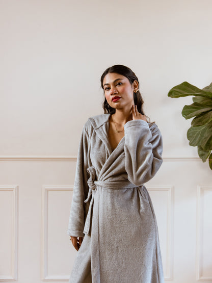 Grey Super Soft Woollen Hoodie Robe