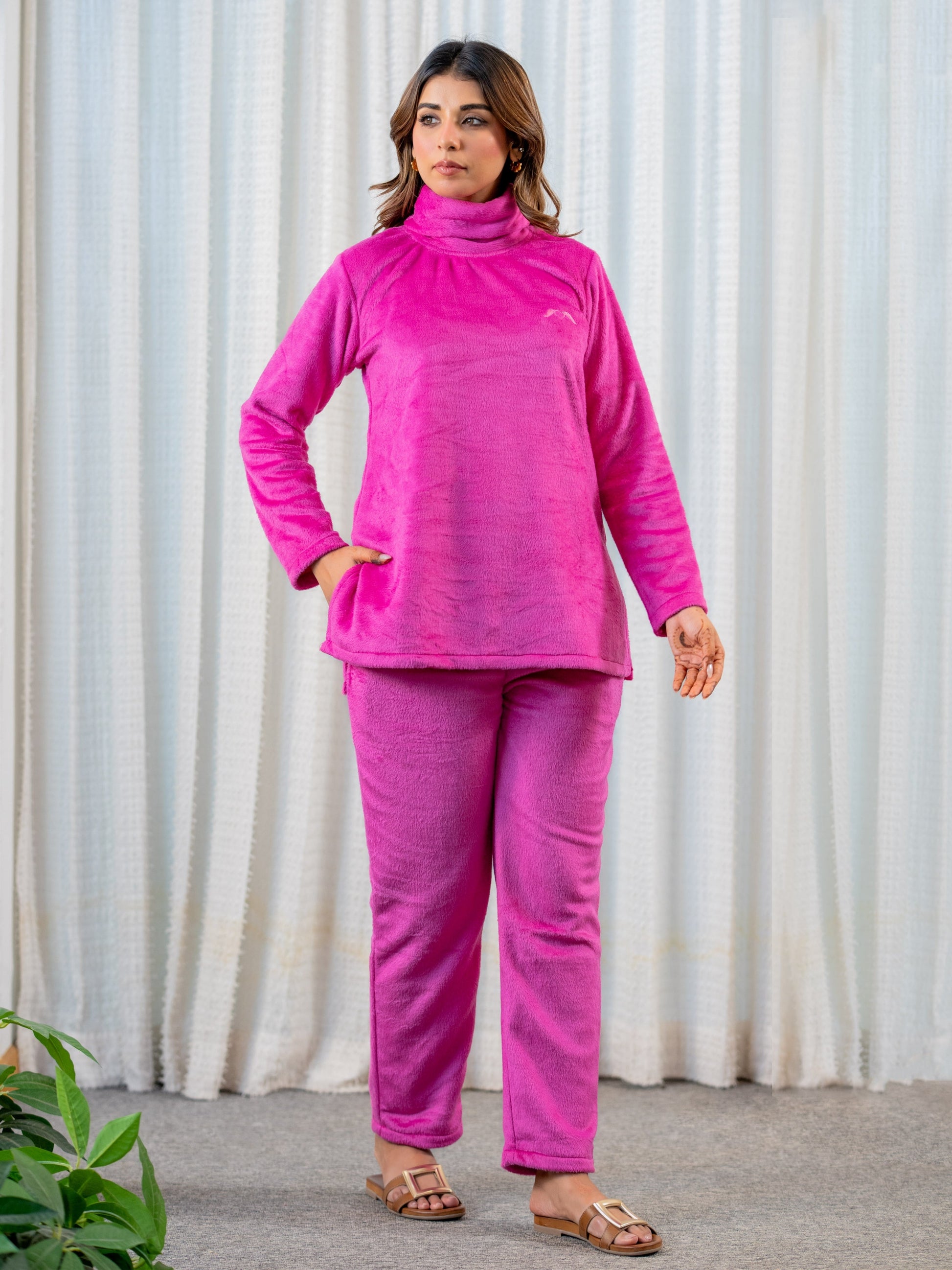 High Neck Super Soft Hot Pink Woollen Set