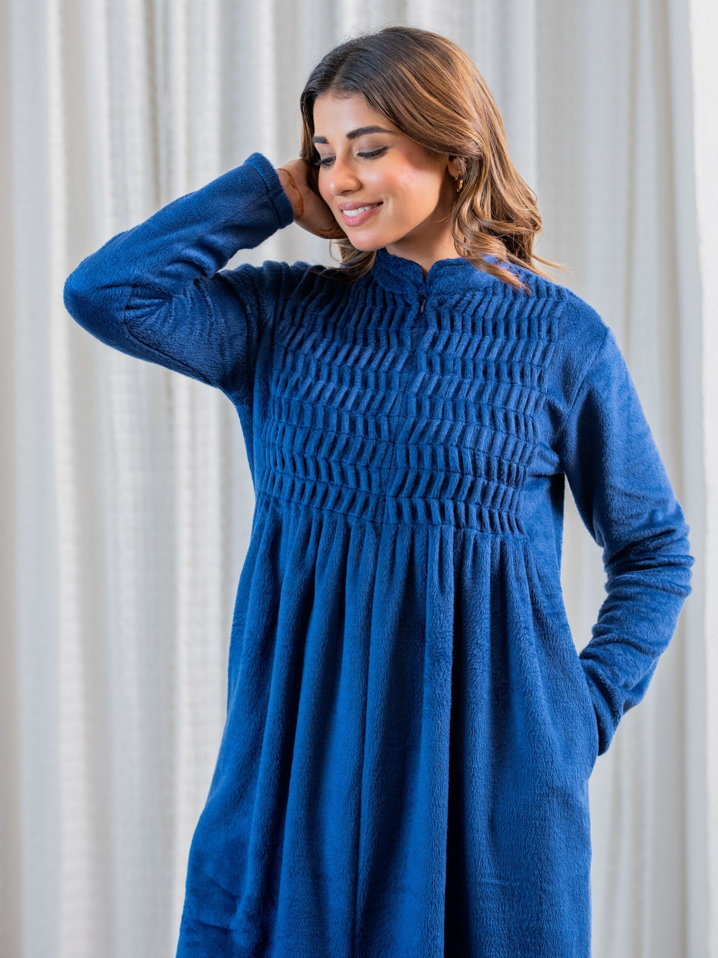 Super Soft Navy Blue pleated Woollen Maxi