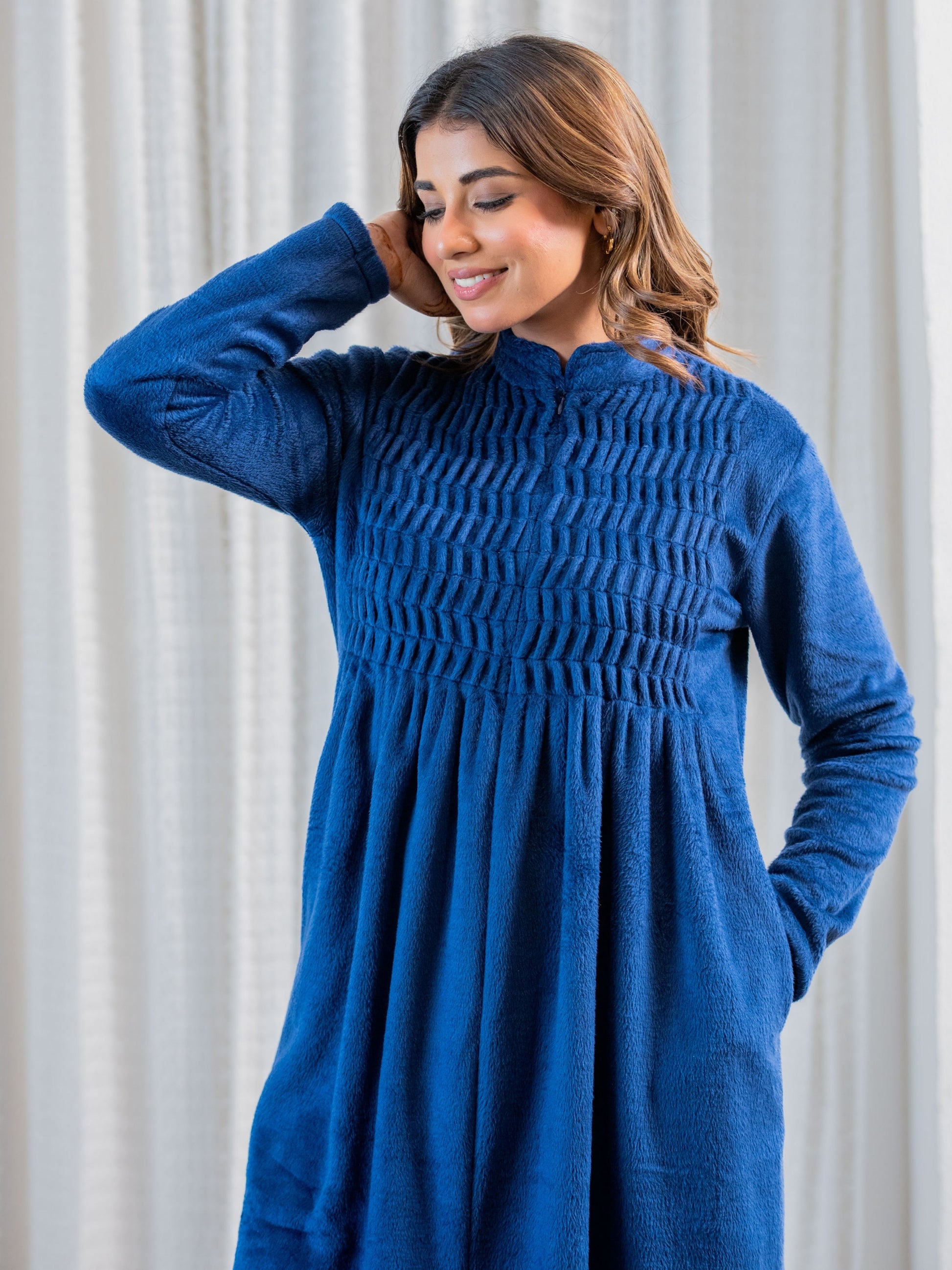 Super Soft Navy Blue pleated Woollen Maxi