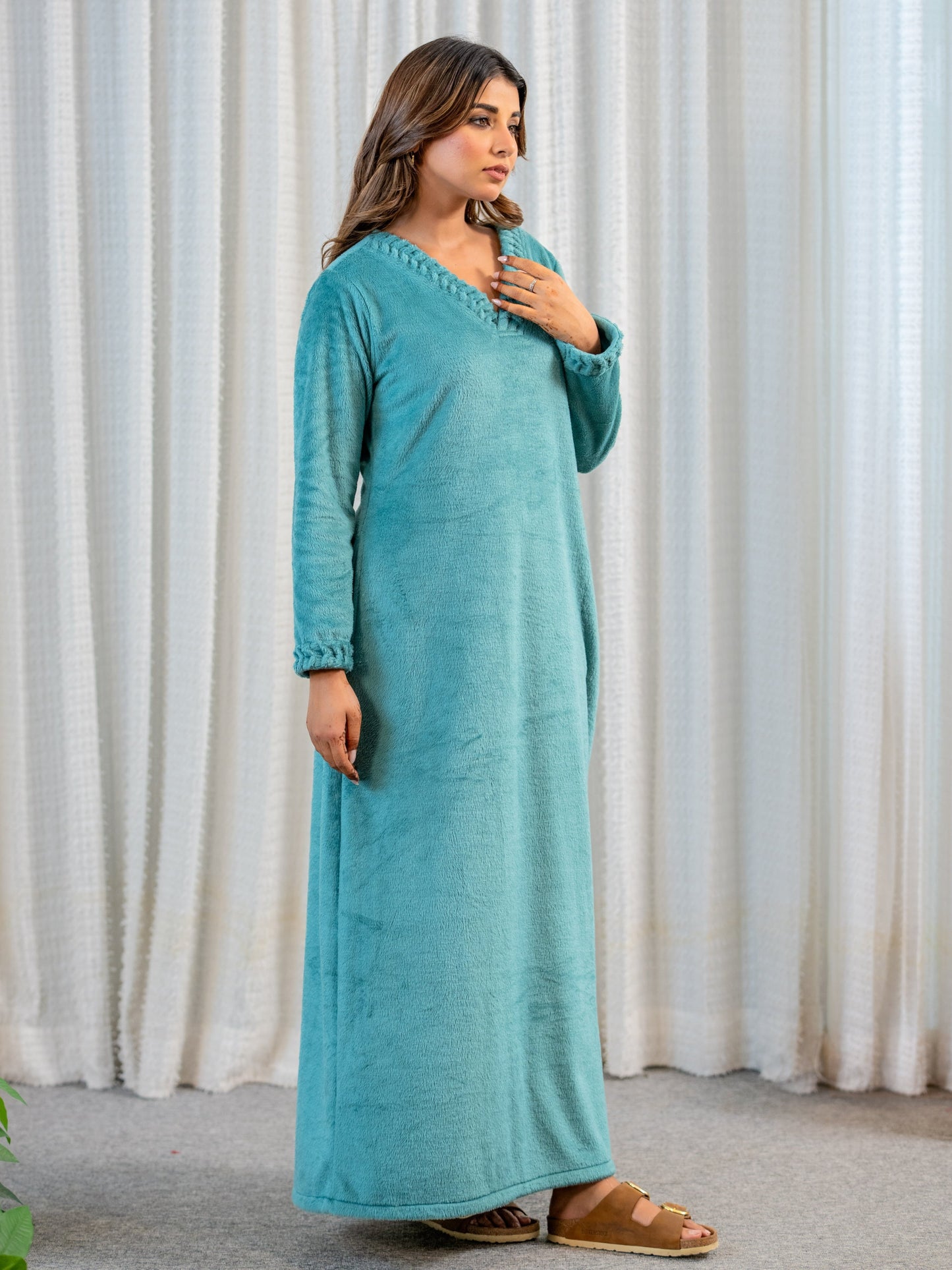 Super Soft Sea Green V Neck Woollen Maxi