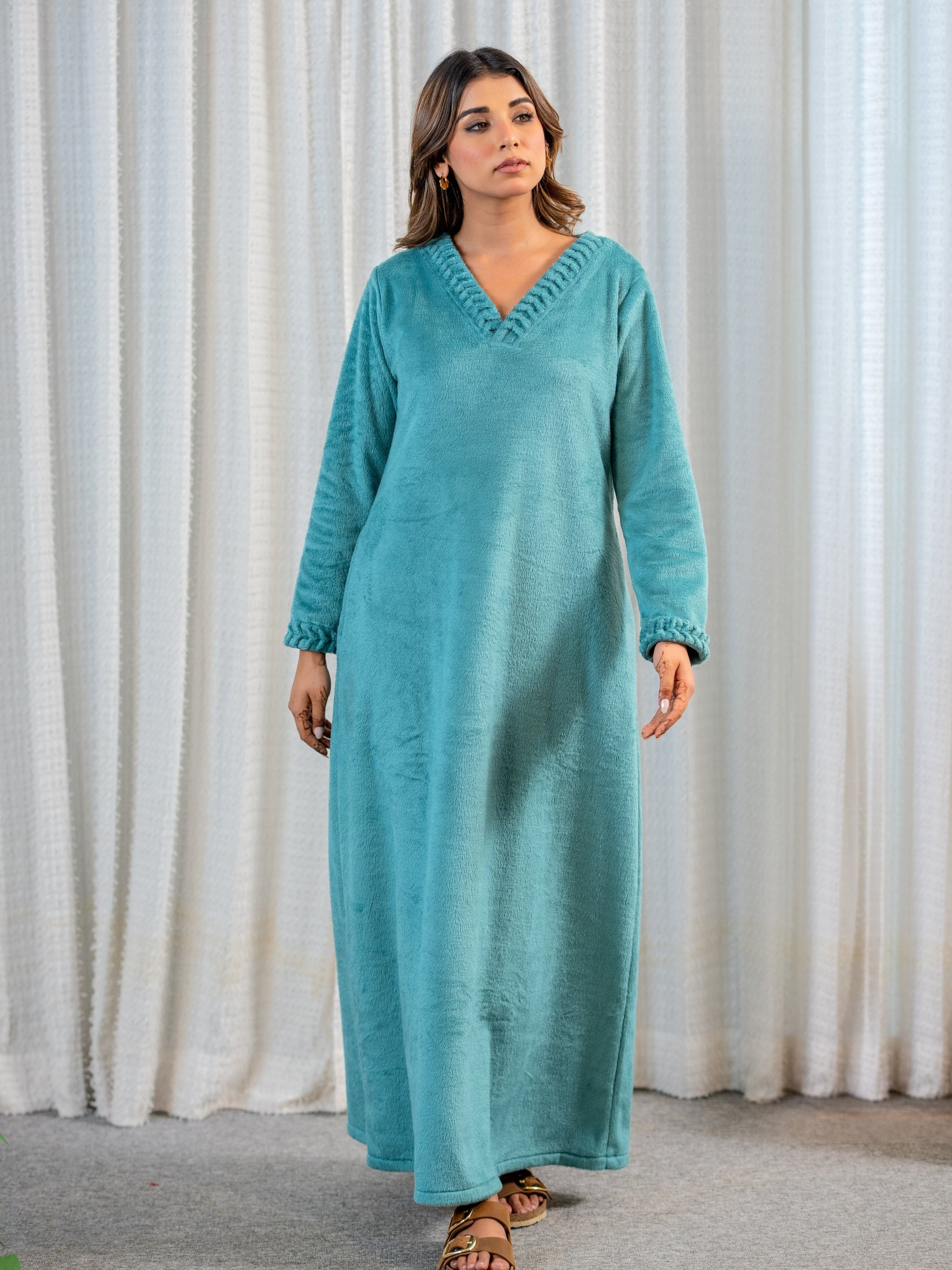 Super Soft Sea Green V Neck Woollen Maxi