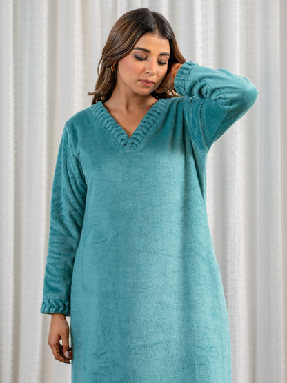 Super Soft Sea Green V Neck Woollen Maxi