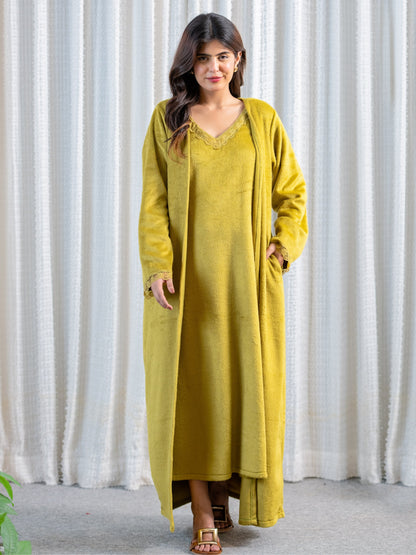 Olive Super Soft Woollen Maxi & Shrug Set