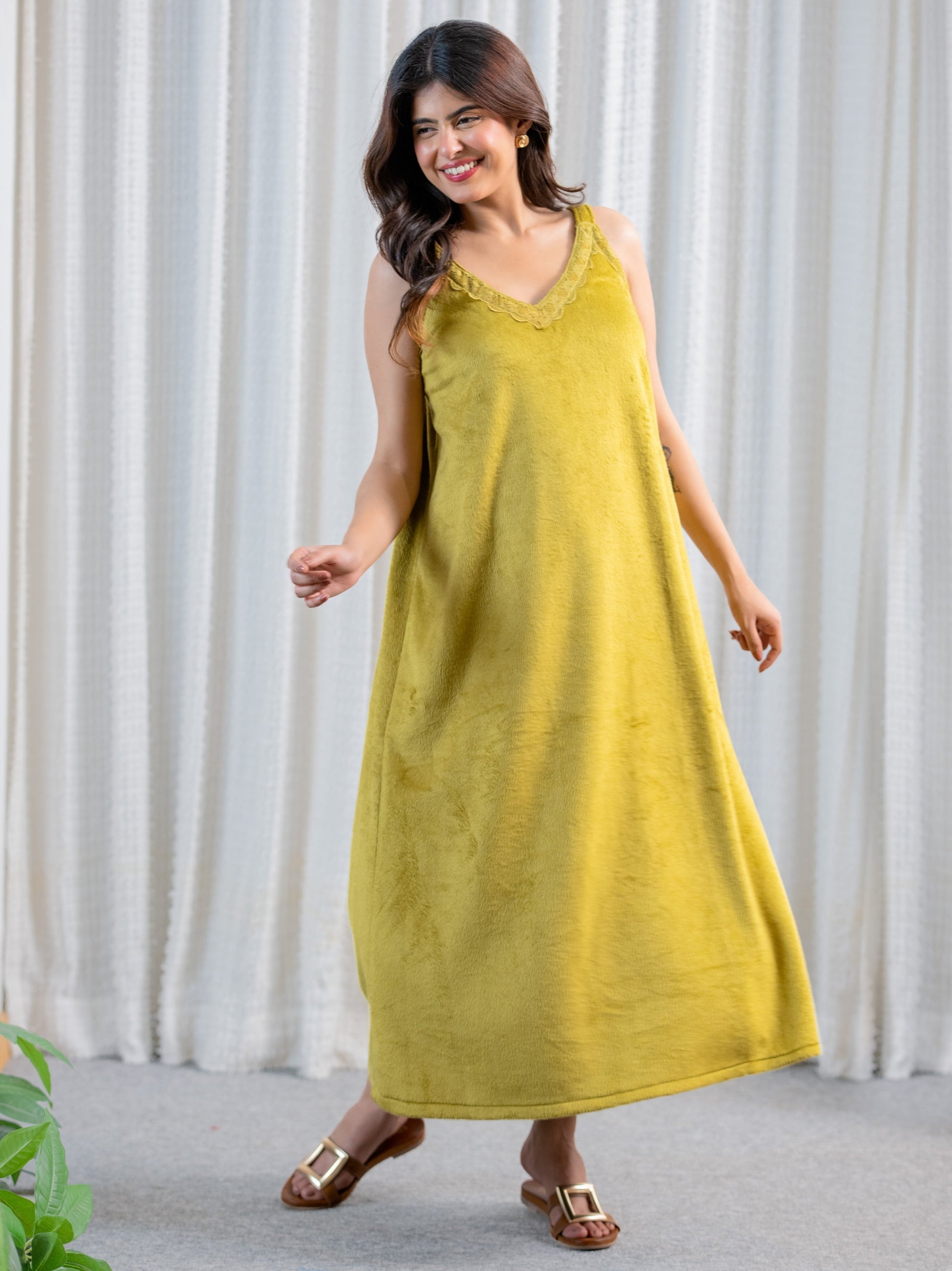 Olive Super Soft Woollen Maxi & Shrug Set