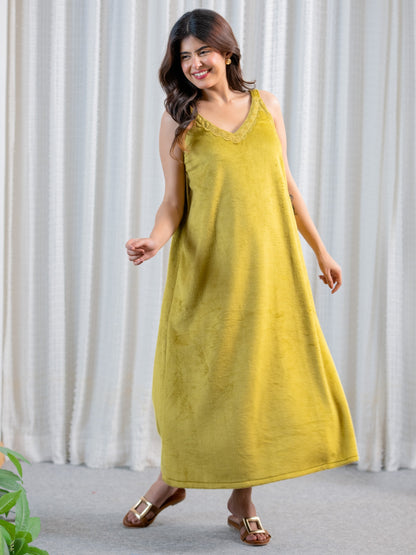 Olive Super Soft Woollen Maxi & Shrug Set