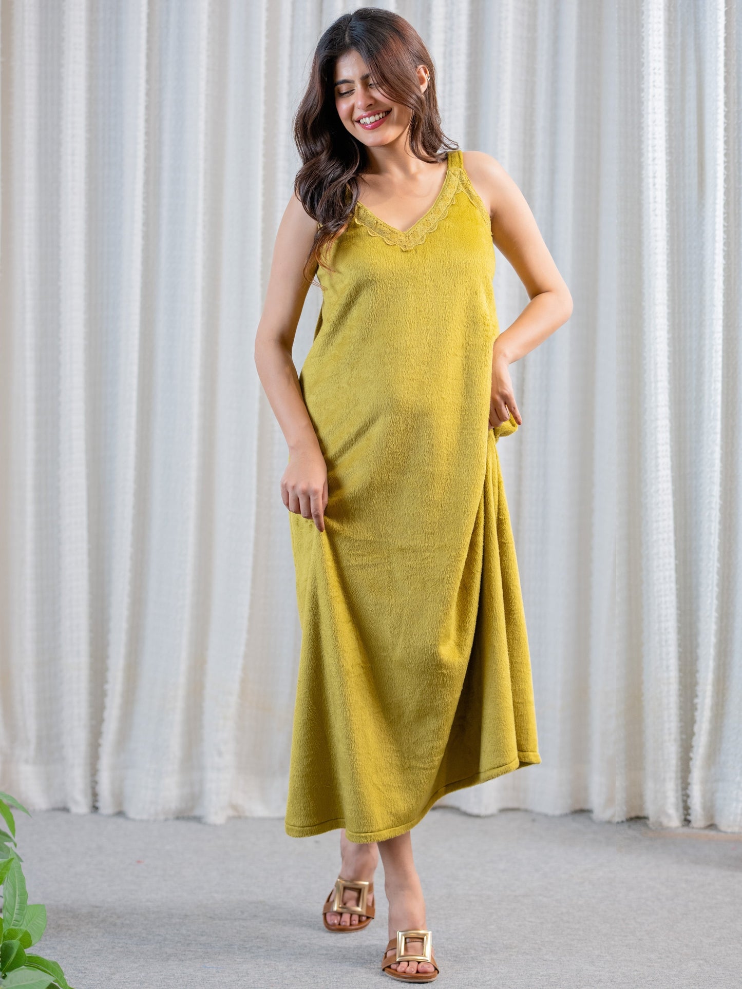 Olive Super Soft Woollen Maxi & Shrug Set