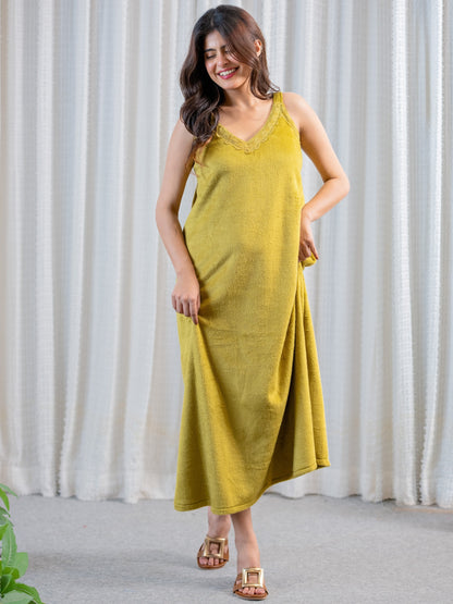 Olive Super Soft Woollen Maxi & Shrug Set