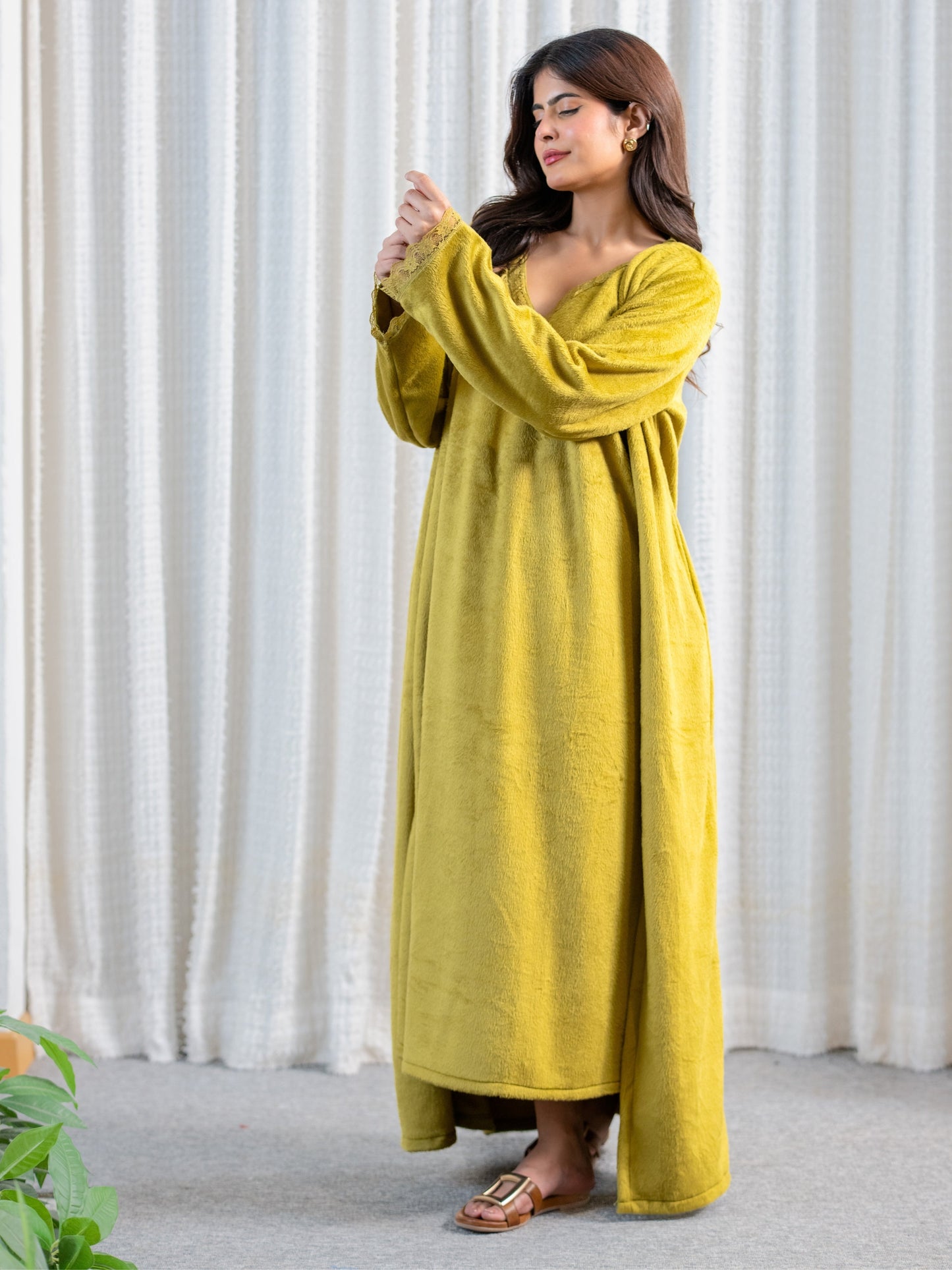 Olive Super Soft Woollen Maxi & Shrug Set