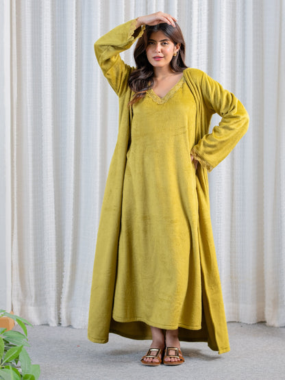 Olive Super Soft Woollen Maxi & Shrug Set