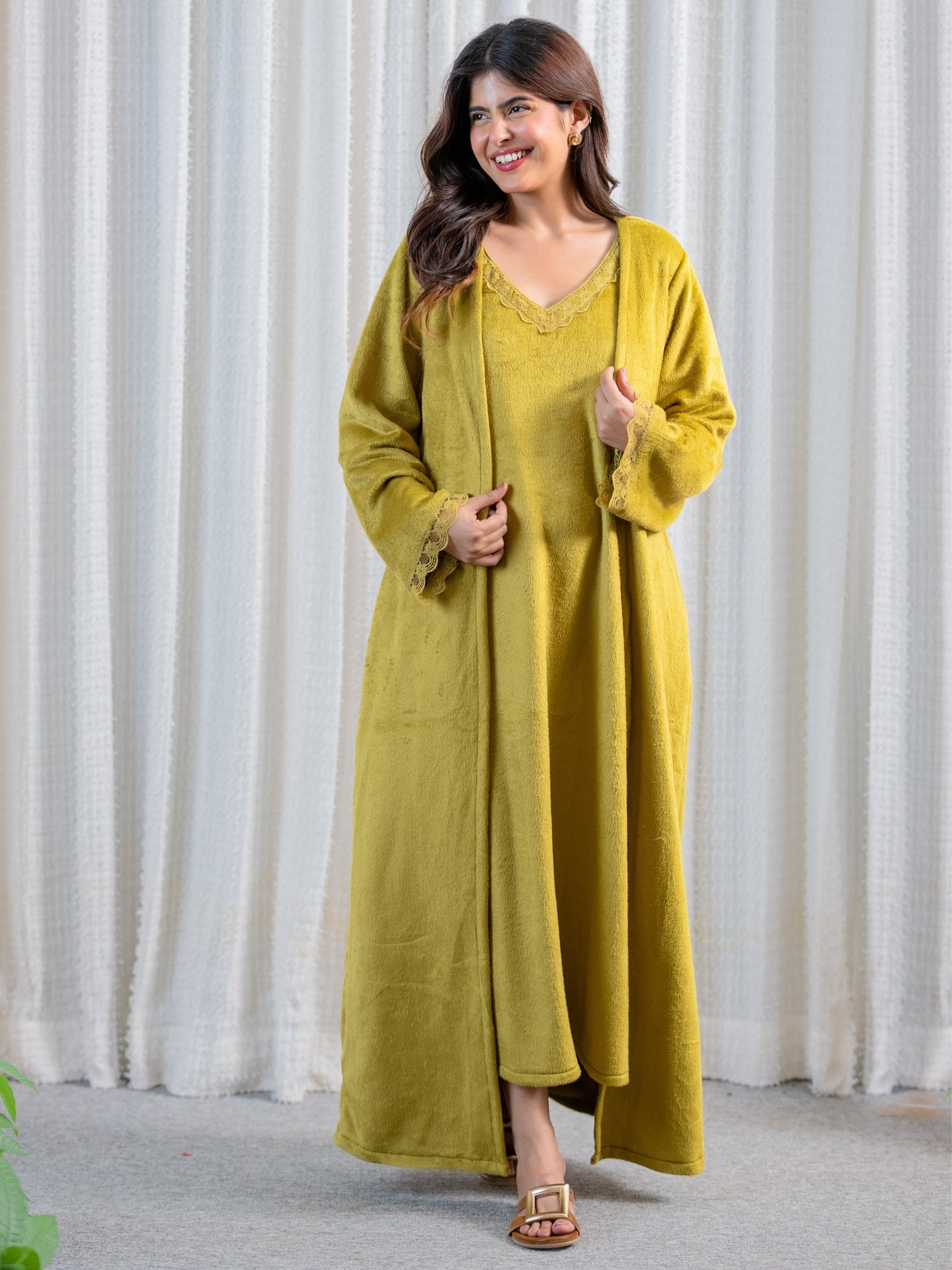 Olive Super Soft Woollen Maxi & Shrug Set