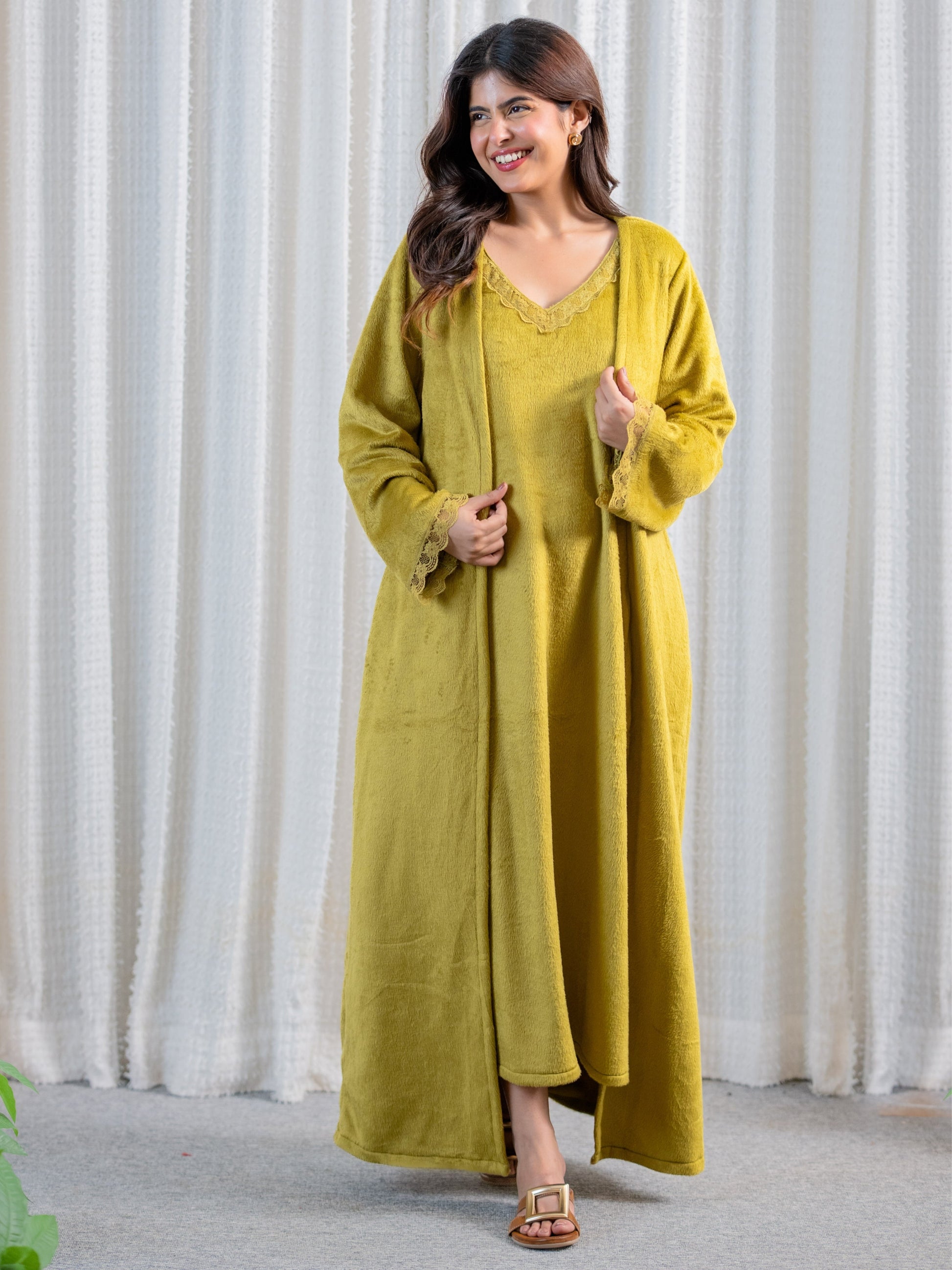 Olive Super Soft Woollen Maxi & Shrug Set