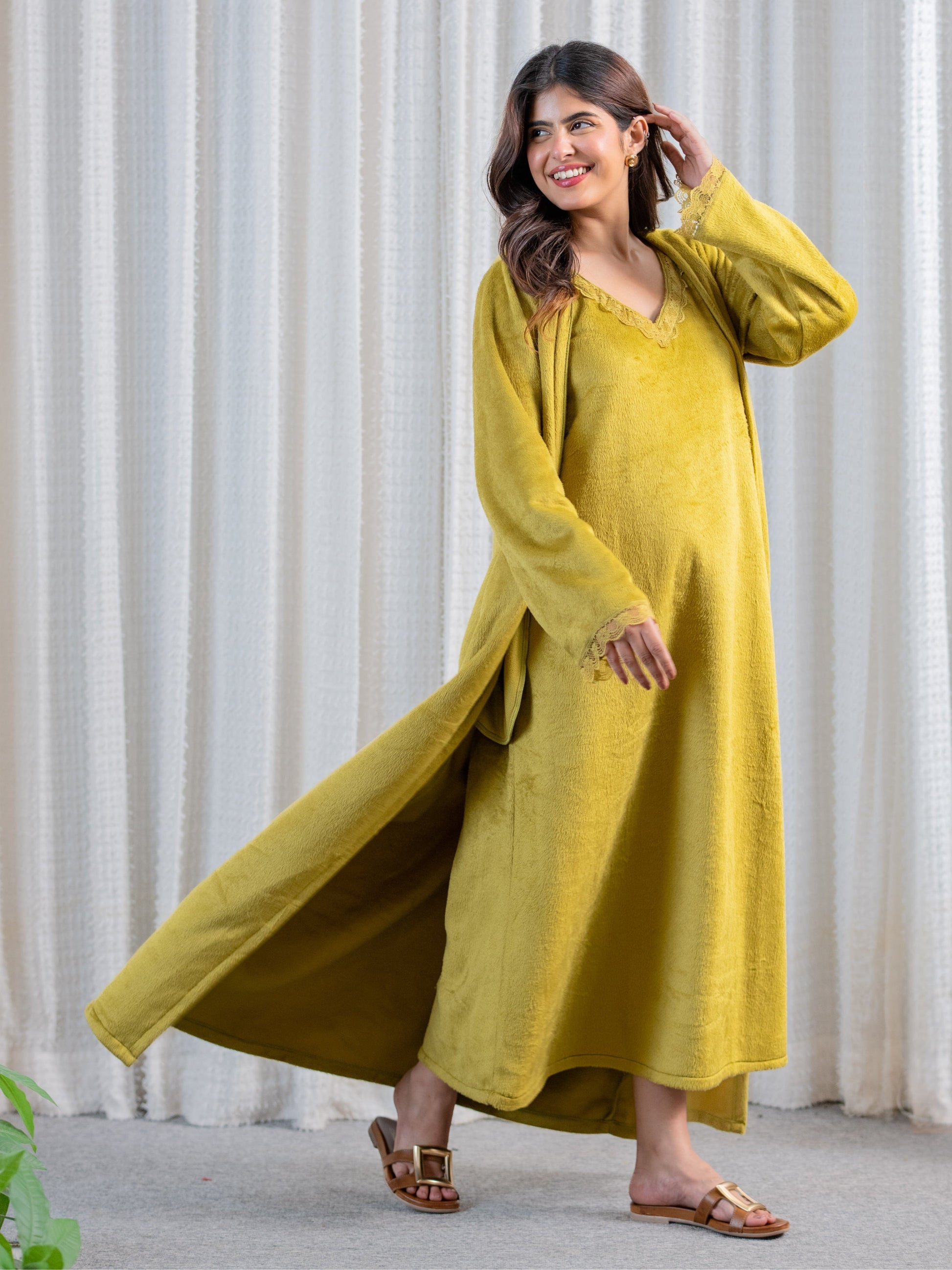 Olive Super Soft Woollen Maxi & Shrug Set