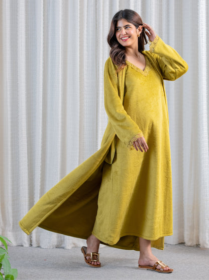 Olive Super Soft Woollen Maxi & Shrug Set